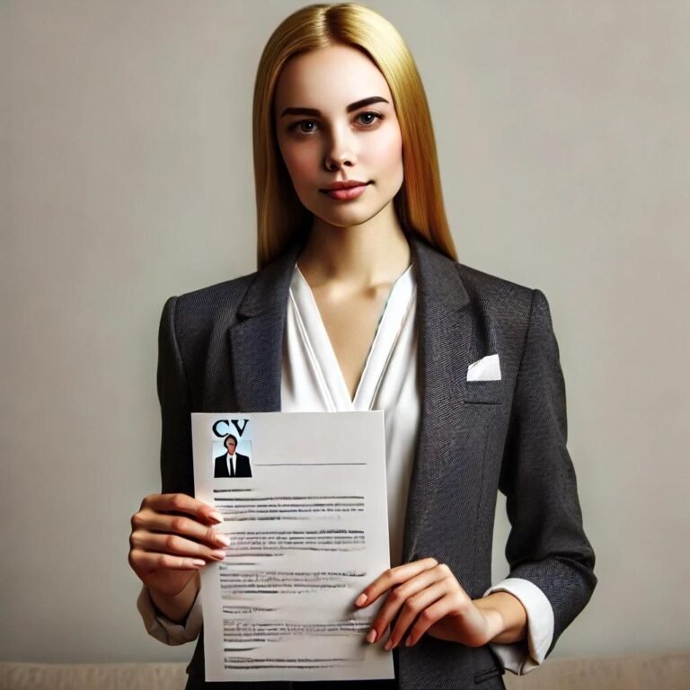 A professional woman in a business suit, embodying the spirit of Empowering Minds, holds a CV, presenting it confidently. Her long blonde hair cascades as she stands against a plain background, ready to enrich lives with her expertise and determination.