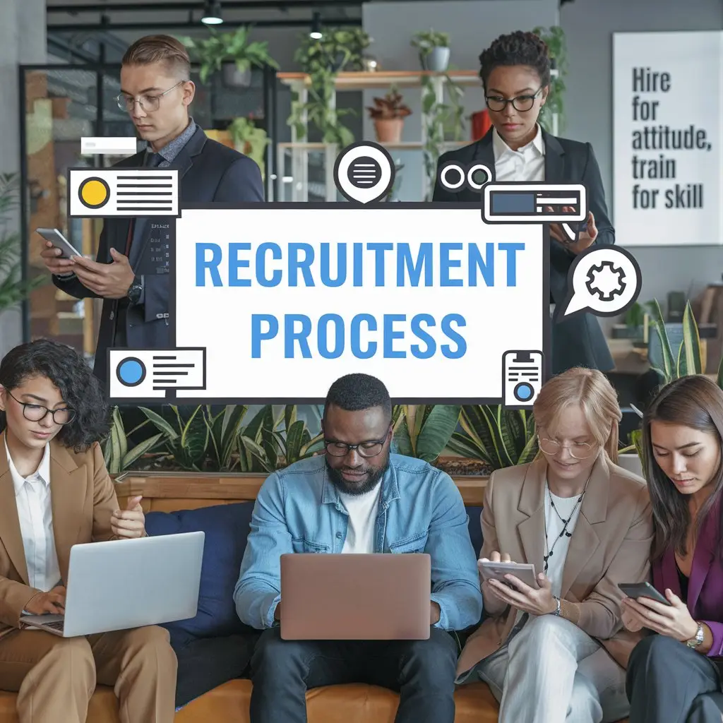 A diverse group of five people sits and stands around with laptops and tablets, deeply engaged in work. A large sign reads "Recruitment Process," highlighting top recruitment skills essential for 2024. The modern office backdrop displays plants and a sign saying, "Hire for attitude, train for skill.