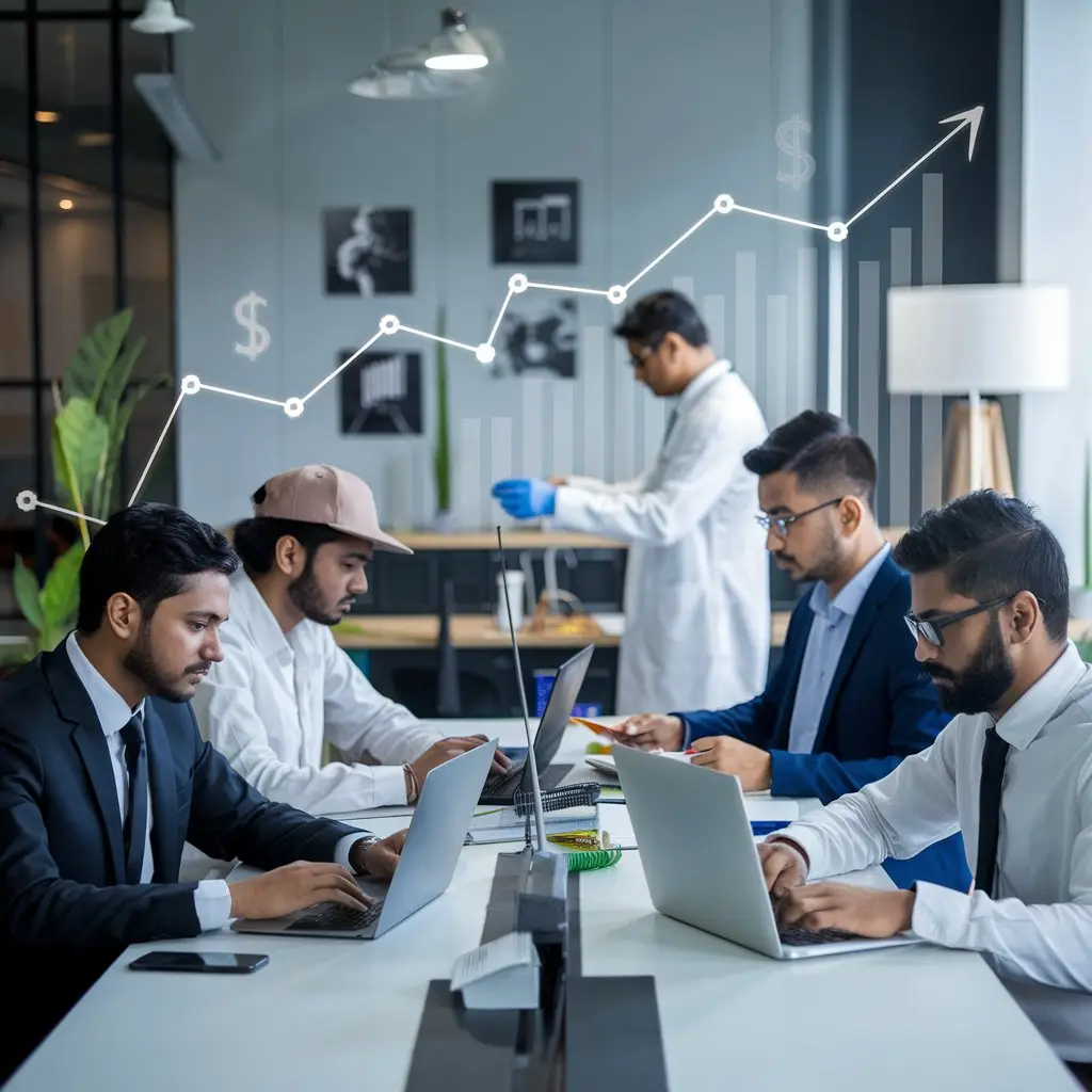 A team of professionals in a modern office work on laptops, embodying top careers and high paying jobs in India. In the background, a scientist in a lab coat conducts an experiment while a graph with an upward trend and dollar symbols is prominently displayed in the air.