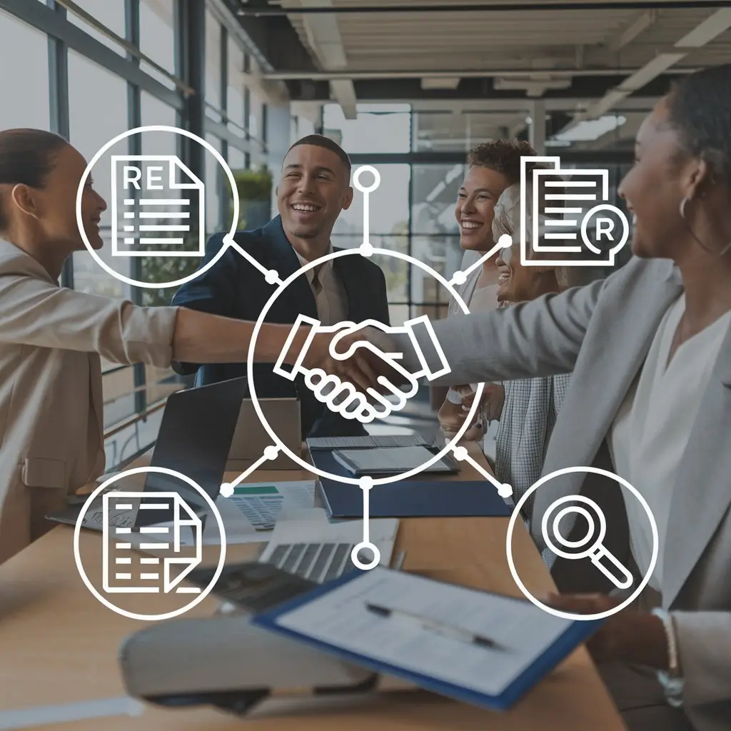 A group of people in business attire are happily shaking hands around a conference table. Overlaid icons include documents, a magnifying glass, and a handshake symbol, showcasing your gateway to career success 🚀 in a collaborative work environment.