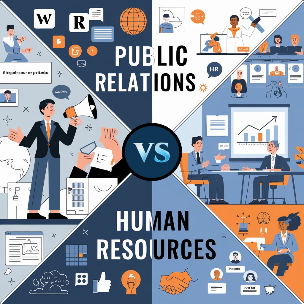 Illustration showing a split between Public Relations vs Human Resources. The PR side features a megaphone and meeting scenes, while the HR side showcases a job interview, graphs, and documents, with "VS" prominently centered.